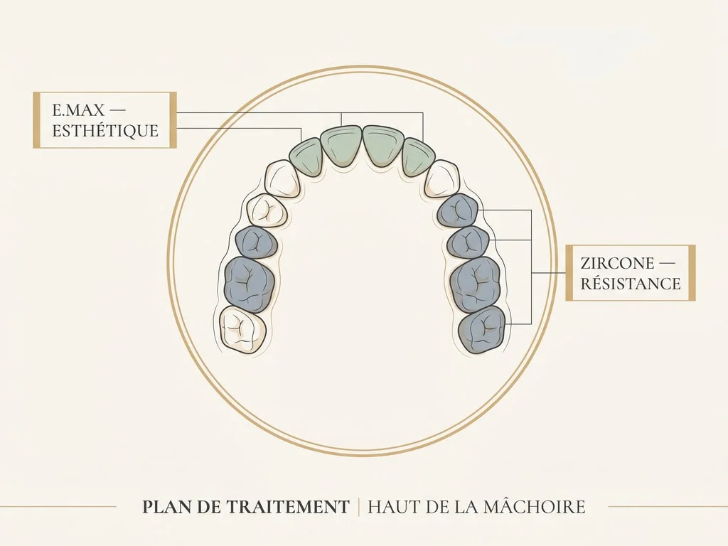 Schéma d'une arcade dentaire montrant E.max sur les dents antérieures et zircone sur les molaires