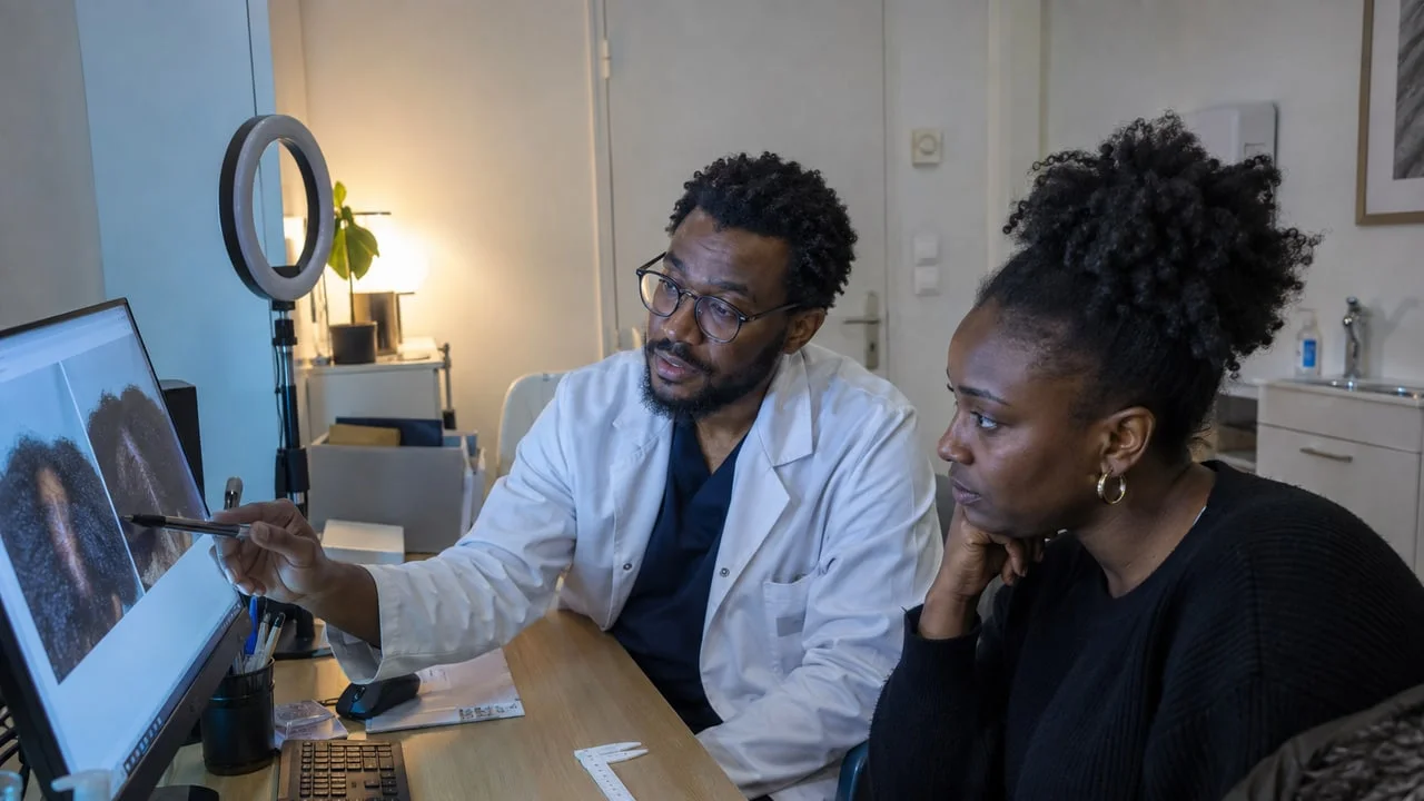 Médecin montrant à une patiente aux cheveux crépus des photographies comparatives de son cuir chevelu à l'écran