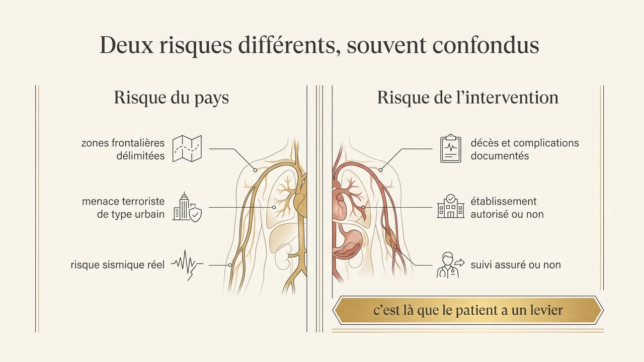 Schéma opposant le risque géographique lié au pays et le risque médical lié à l'intervention, sur lequel le patient dispose d'un levier direct