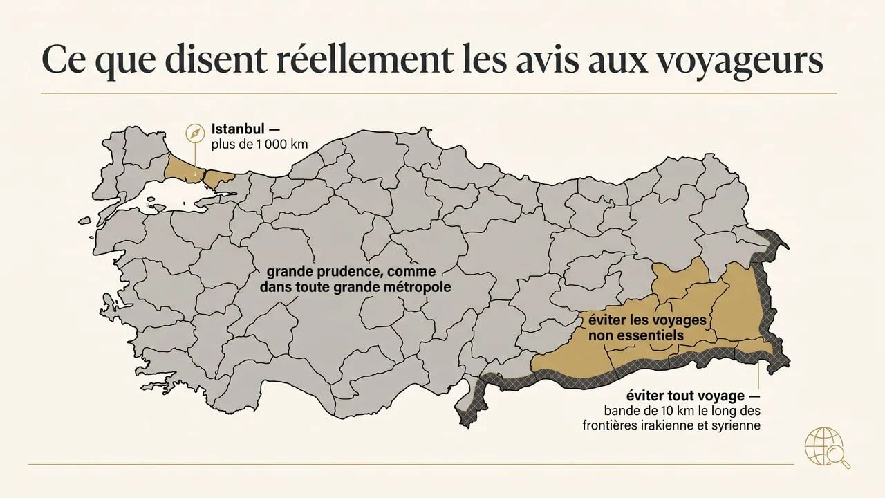 Carte schématique de la Turquie distinguant la bande frontalière déconseillée à tout voyage, les provinces à voyages non essentiels et le reste du pays