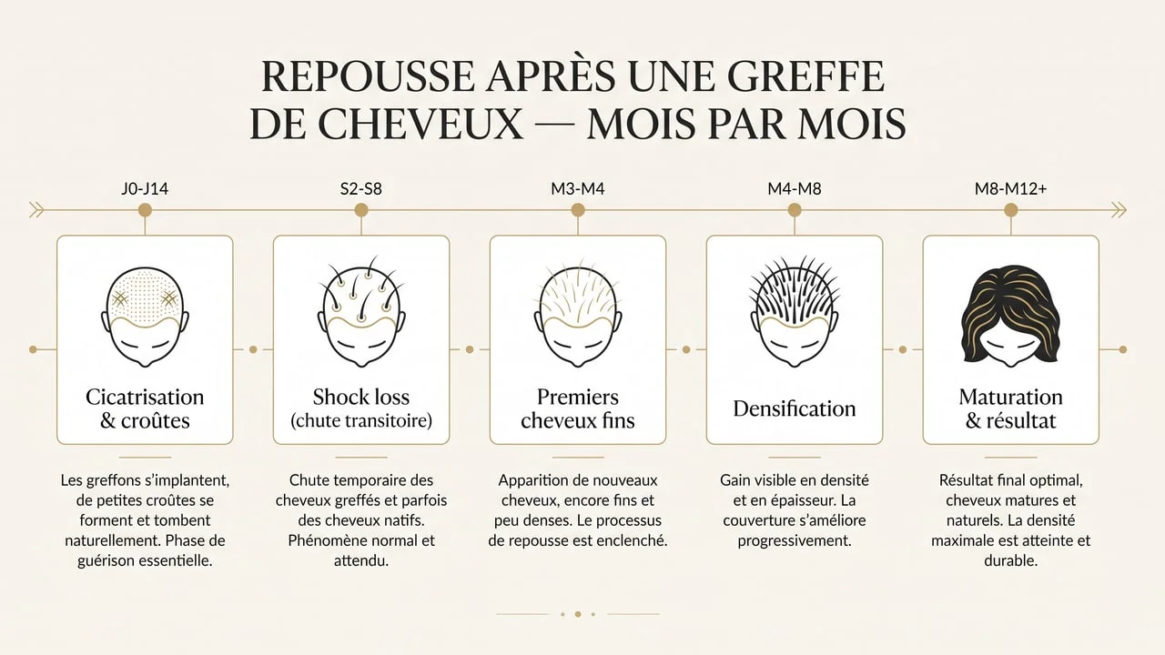 Frise chronologique de la repousse après une greffe de cheveux : cicatrisation J0-J14, shock loss S2-S8, premiers cheveux M3-M4, densification puis maturation M8-M12