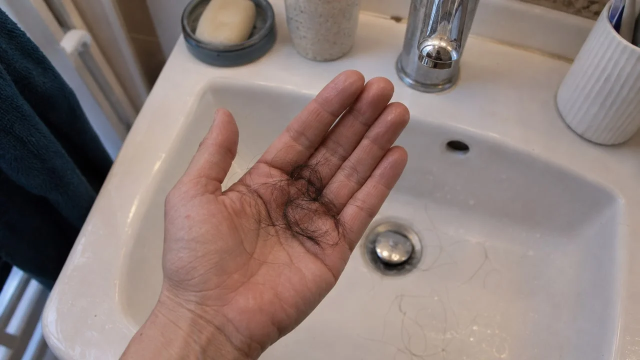 Cheveux tombés recueillis dans la paume au-dessus d'un lavabo, illustrant la chute transitoire des semaines 2 à 8