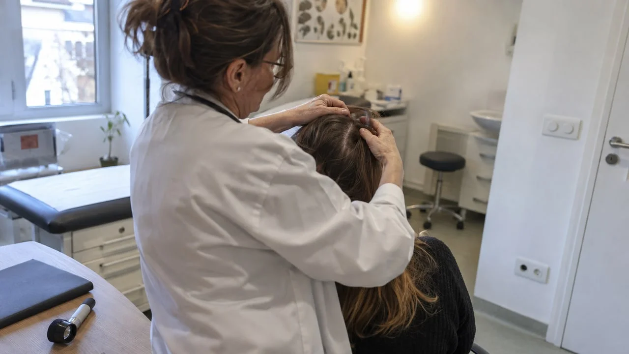 Médecin examinant le cuir chevelu d'un patient lors d'une consultation de suivi, visage non identifiable