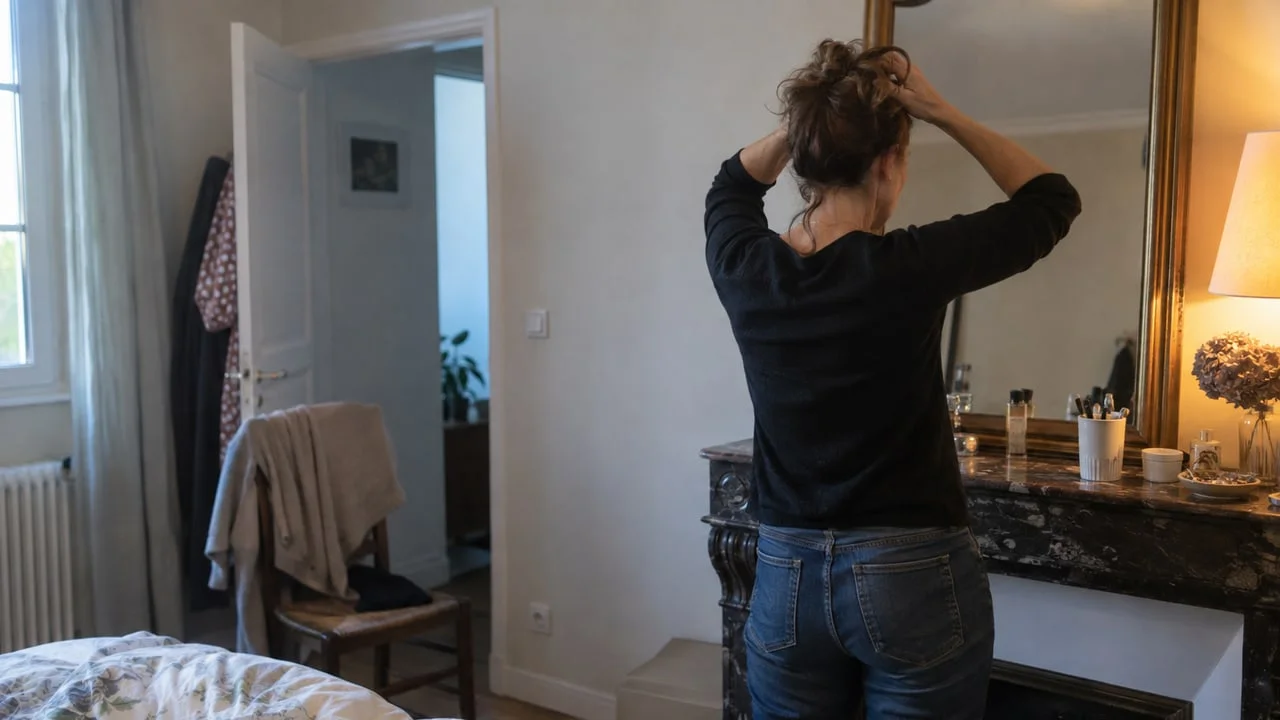 Femme dégageant sa ligne frontale devant un miroir, visage non visible