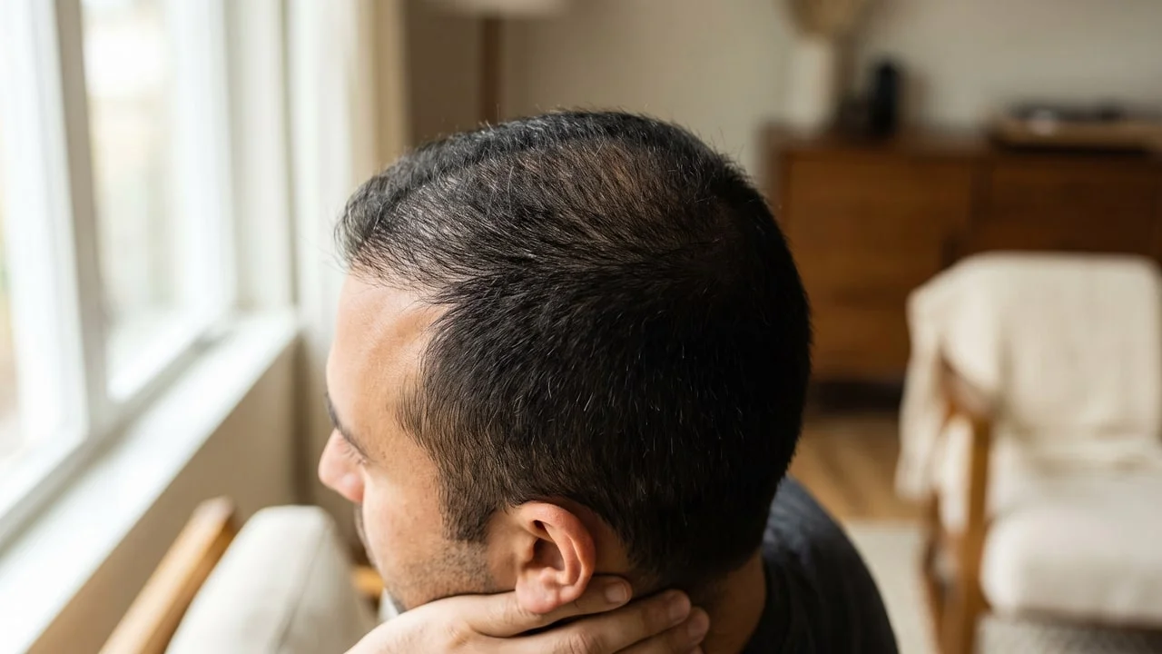 Cuir chevelu et ligne frontale d'un homme en cours de repousse après une greffe de cheveux, évoquant l'évolution mois par mois