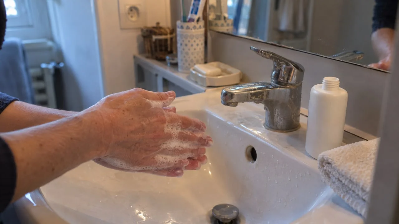 Mains faisant mousser un produit lavant doux au-dessus d'un lavabo, illustrant le premier lavage postopératoire