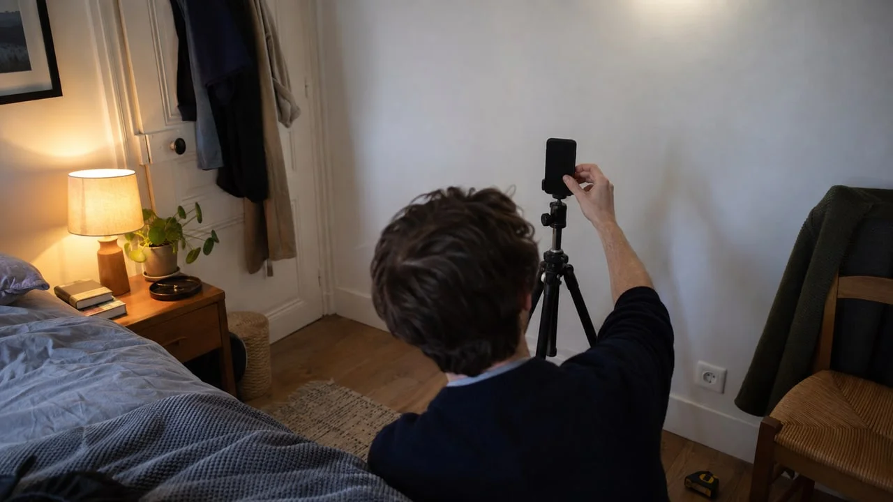 Smartphone installé sur un trépied dans une chambre pour photographier le dessus du crâne à dates fixes