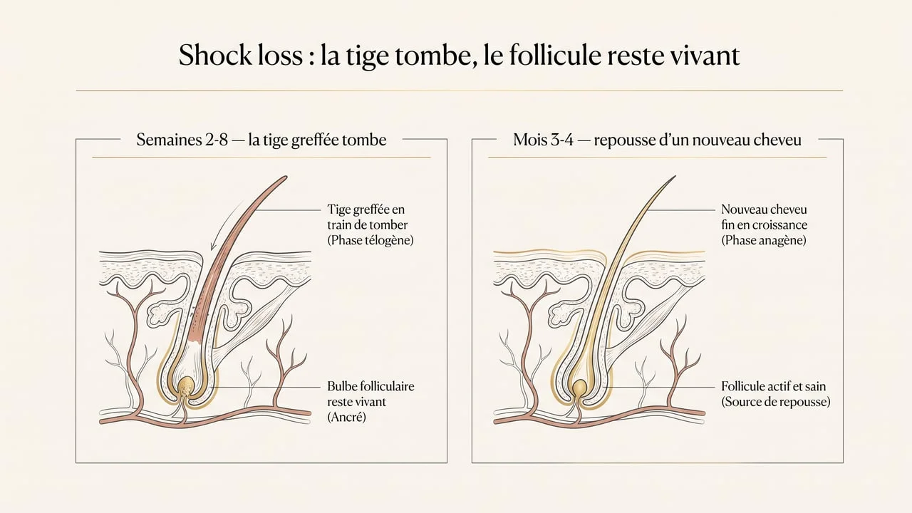 Schéma : lors du shock loss la tige du cheveu greffé tombe mais le follicule reste vivant et produit un nouveau cheveu vers le 3e-4e mois