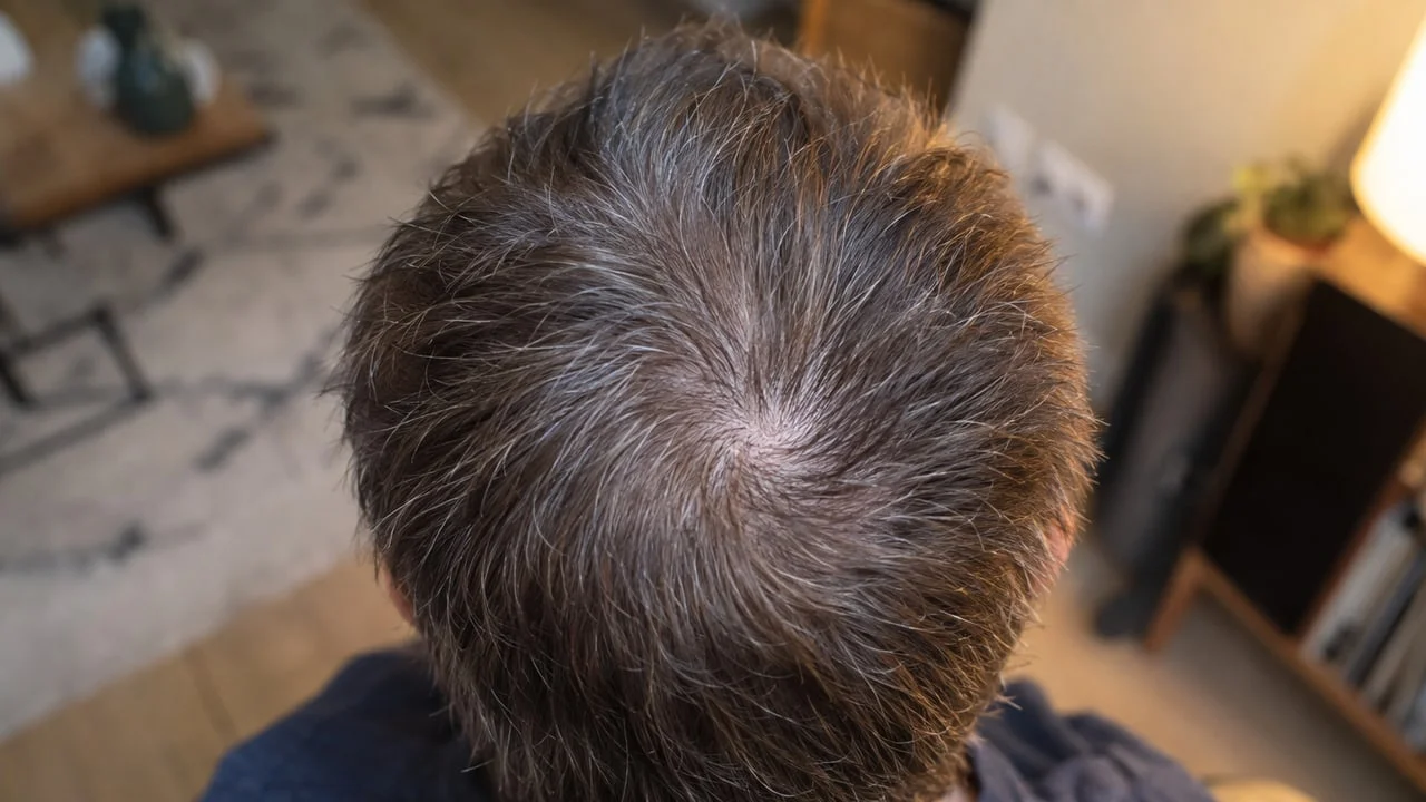 Vue plongeante du tourbillon du vertex, les cheveux partant en étoile depuis un point central