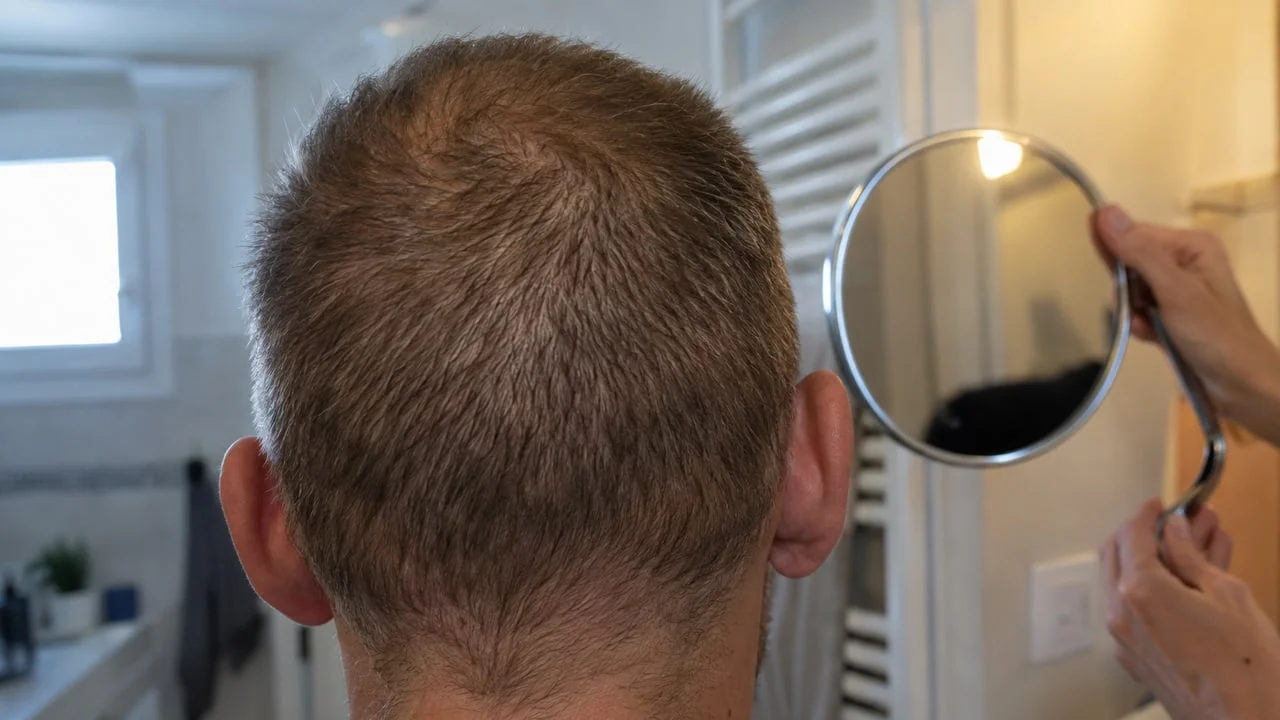 Arrière du crâne aux cheveux très courts observé à l'aide d'un miroir à main, illustrant le suivi de la zone donneuse