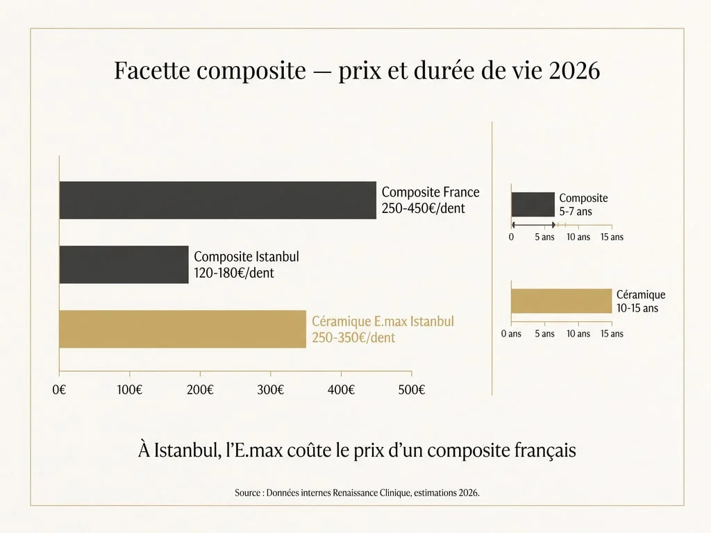 Comparatif prix et durée de vie des facettes composites : France 250-450 €, Istanbul 120-180 €, céramique E.max Istanbul 250-350 € — durée 5-7 ans vs 10-15 ans