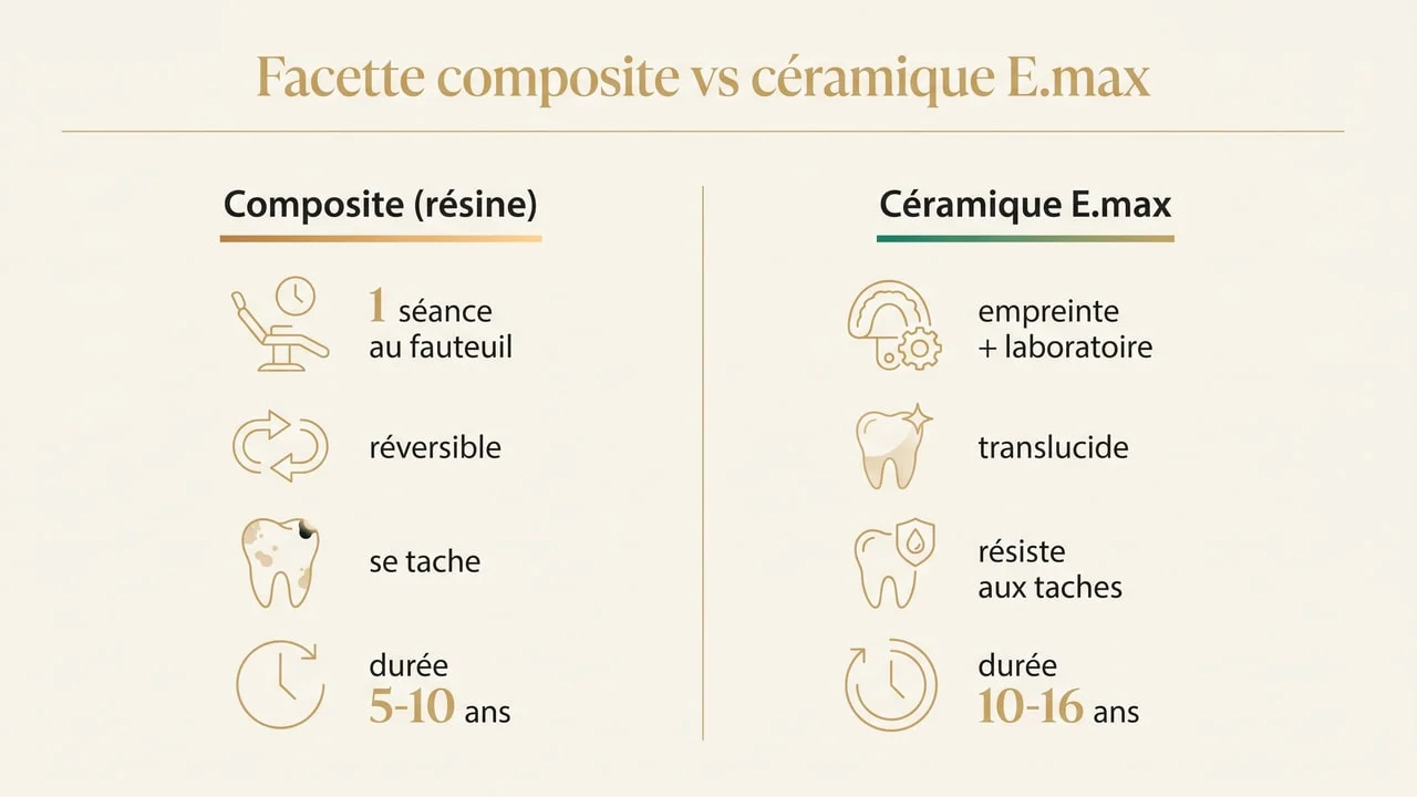 Comparatif facette composite vs céramique E.max : technique, réversibilité, taches et durée de vie