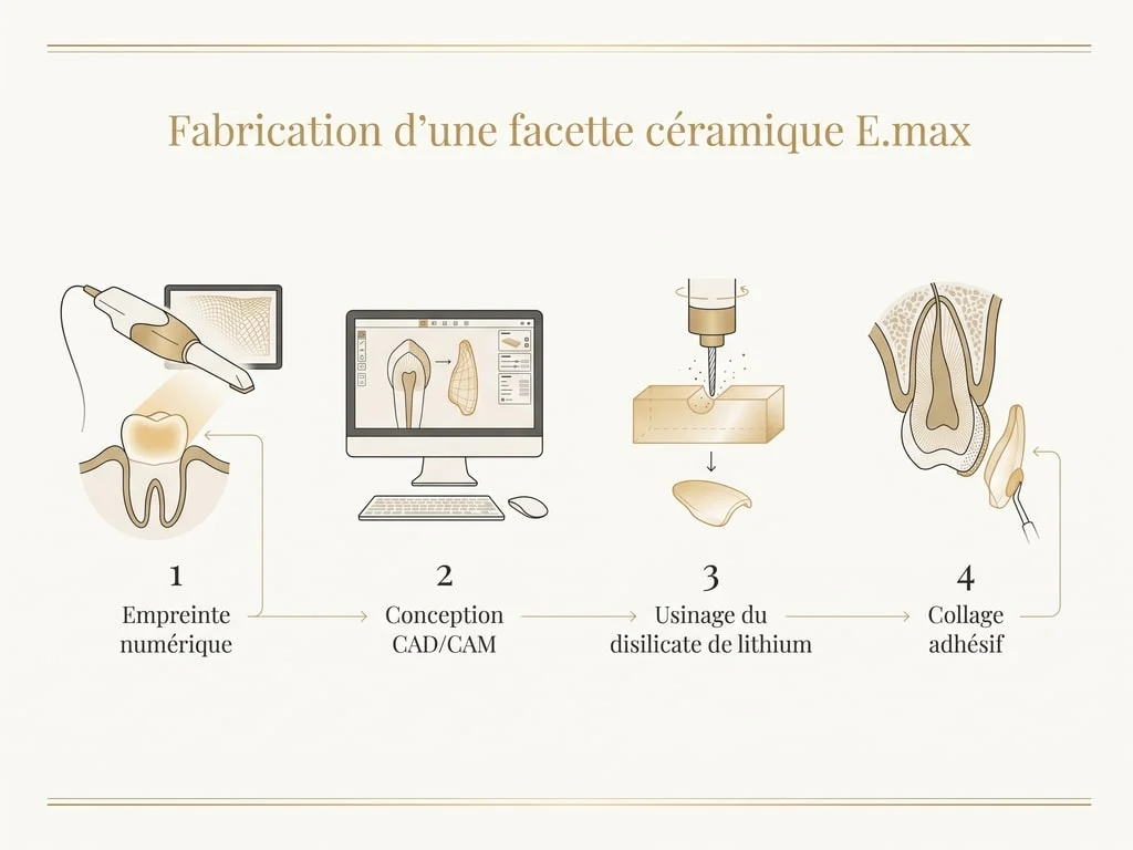Étapes de fabrication d'une facette céramique E.max : empreinte numérique, conception CAD/CAM, usinage et collage