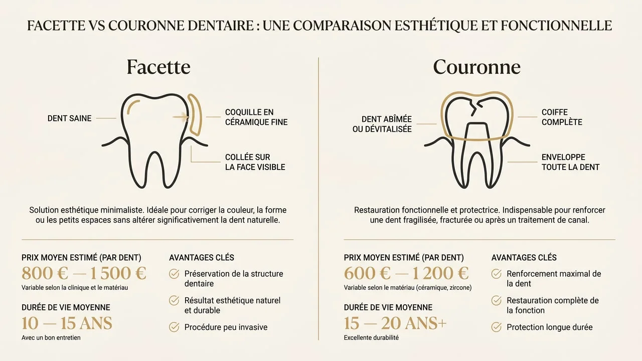 Infographie comparant la facette (face visible, dent saine) et la couronne (coiffe complète, dent abîmée)
