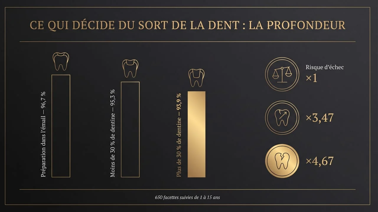 Infographie comparant la survie estimée des facettes dentaires à quinze ans selon la quantité de dentine exposée lors de la préparation, avec les odds ratios d'échec correspondants