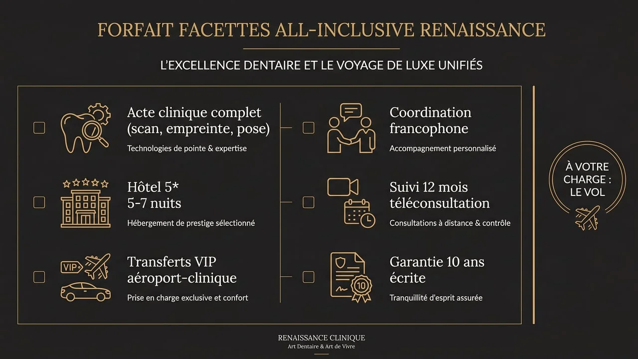 Contenu du forfait facettes all-inclusive Renaissance Clinique Istanbul — acte, hôtel, transferts, suivi, garantie