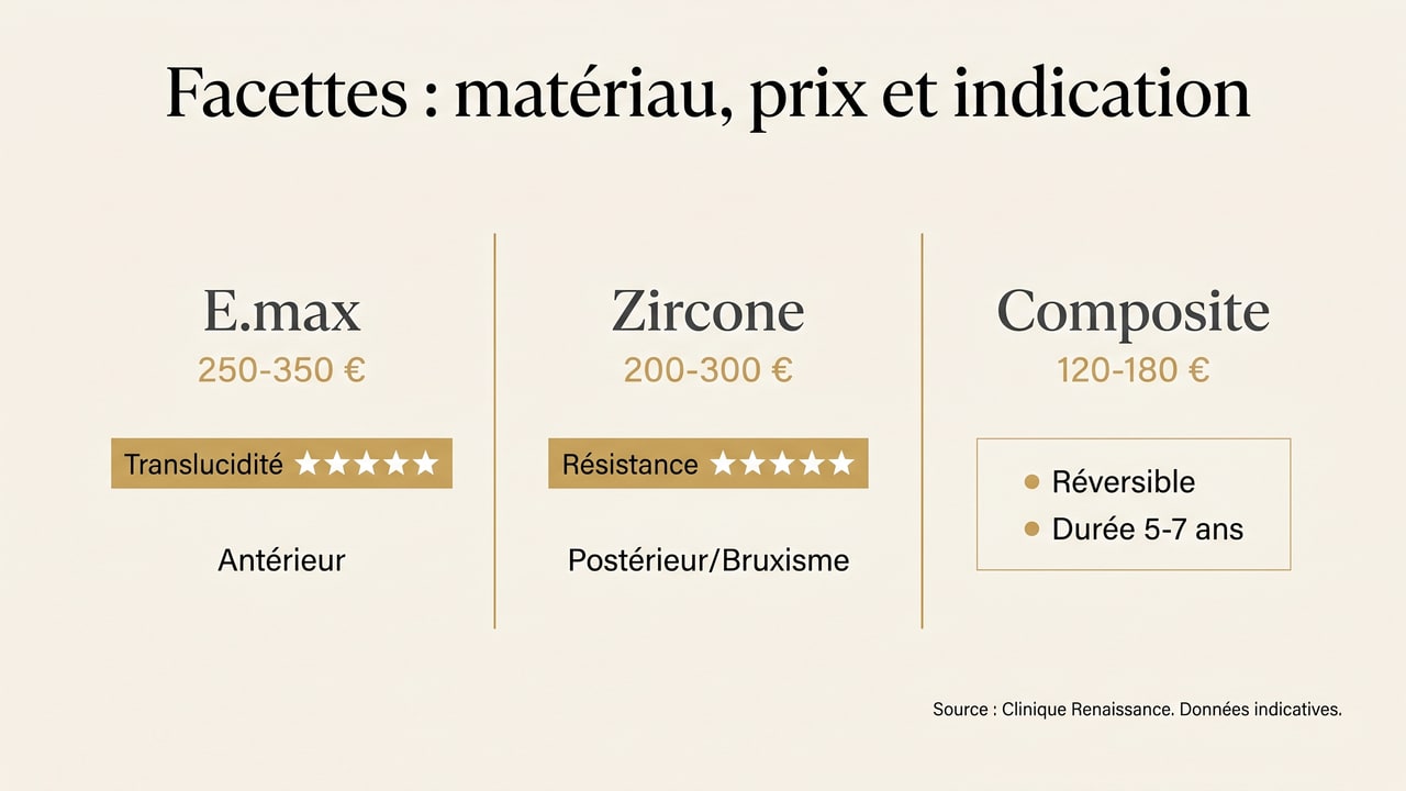 Comparatif des matériaux de facettes dentaires — prix, esthétique, résistance et indications E.max, zircone, composite
