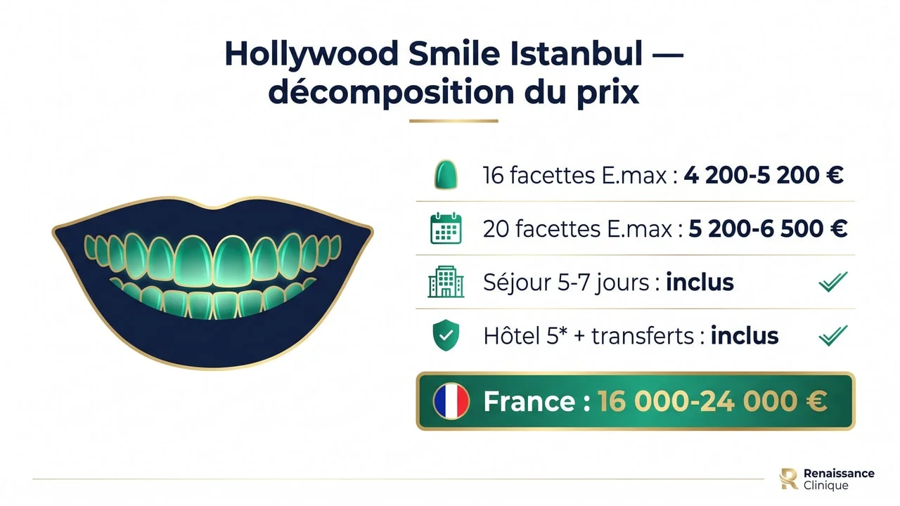 Décomposition du prix d'un Hollywood Smile à Istanbul — 16 à 20 facettes E.max, séjour et garantie inclus