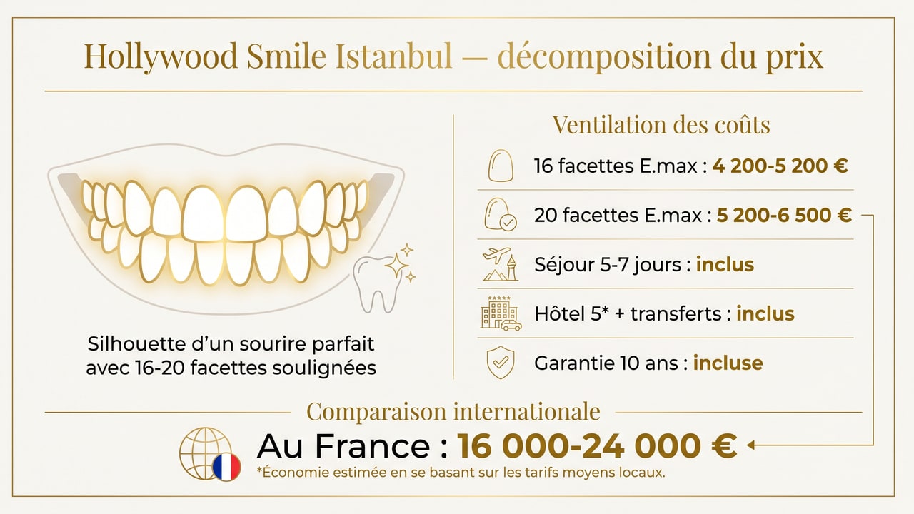 Décomposition du prix d'un Hollywood Smile à Istanbul — 16 à 20 facettes E.max, séjour et garantie inclus