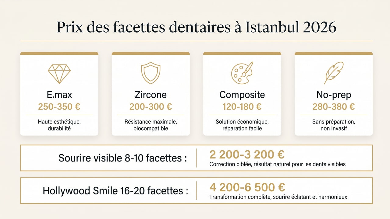 Grille tarifaire des facettes dentaires à Istanbul 2026 — E.max, zircone, composite, no-prep et Hollywood Smile