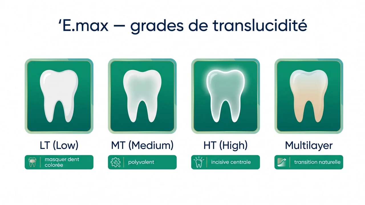 Les grades de translucidité E.max LT, MT, HT et multilayer et leurs indications par dent