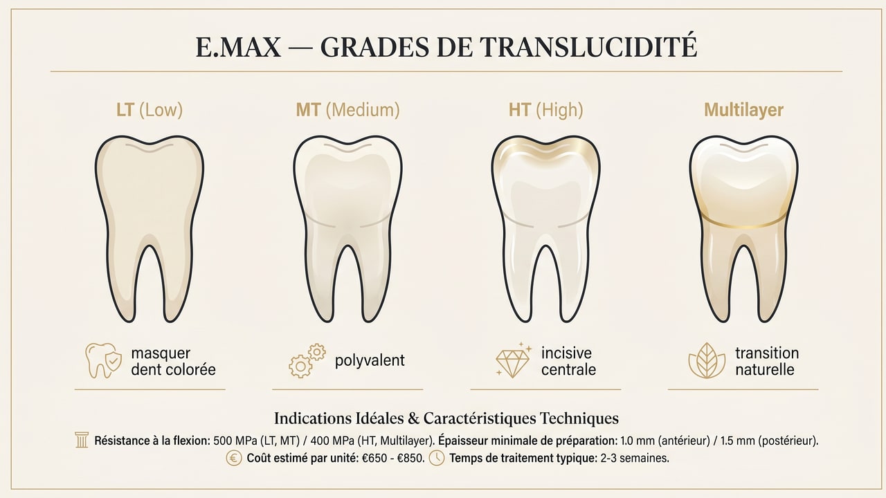 Les grades de translucidité E.max LT, MT, HT et multilayer et leurs indications par dent