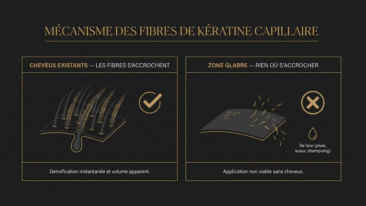 Infographie montrant que les fibres capillaires s'accrochent aux cheveux existants mais restent sans effet sur une zone glabre et se lavent