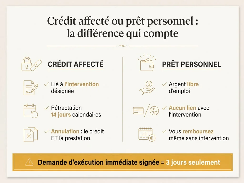 Infographie comparant crédit affecté et prêt personnel pour financer une intervention non remboursée