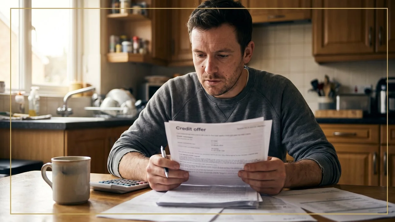Patient relisant chez lui une offre de crédit avant de financer une intervention non remboursée