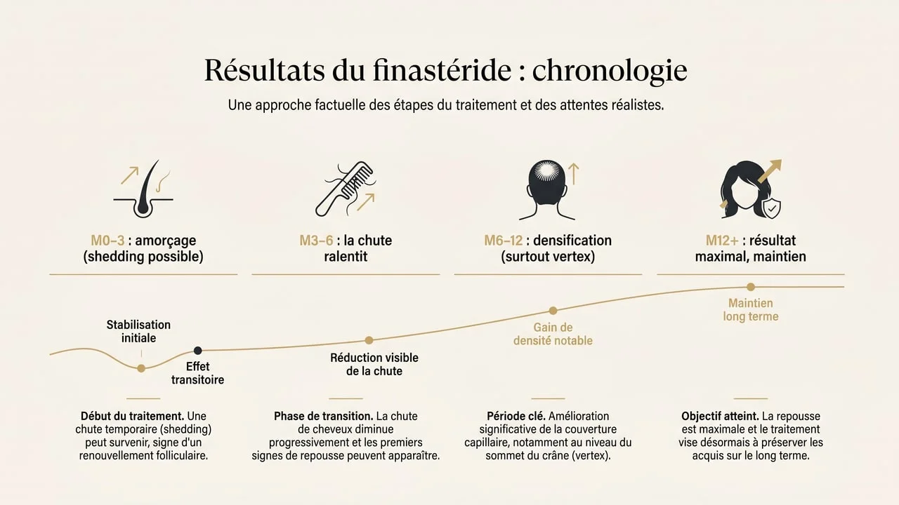 Chronologie des résultats du finastéride : amorçage, ralentissement, densification, maintien