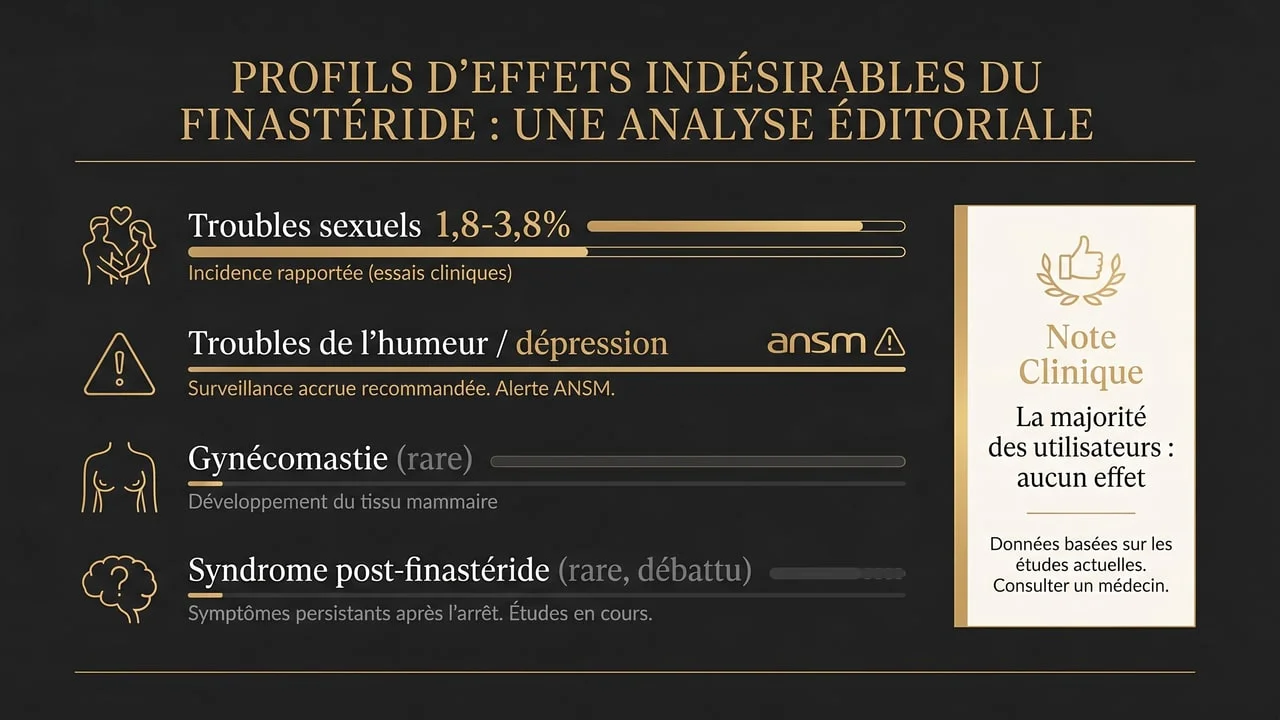 Infographie des effets secondaires du finastéride : troubles sexuels, psychiatriques et syndrome post-finastéride