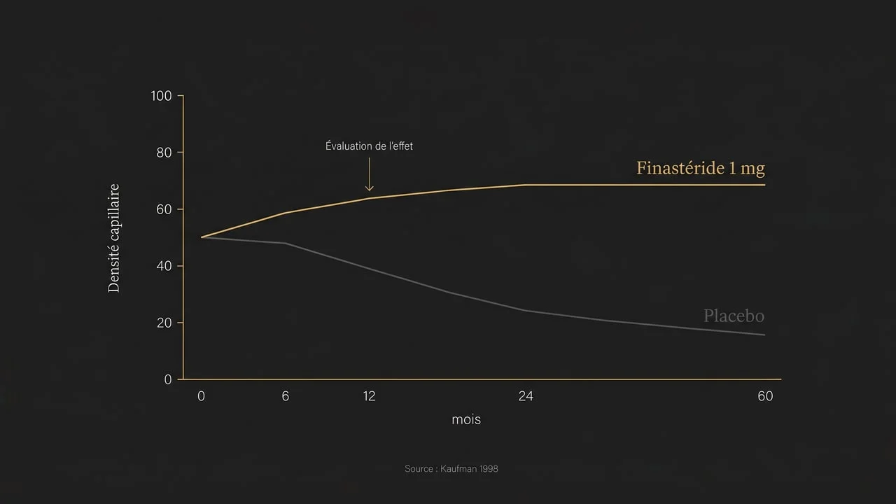 Courbe d'efficacité du finastéride 1 mg comparé au placebo sur cinq ans (d'après Kaufman 1998)