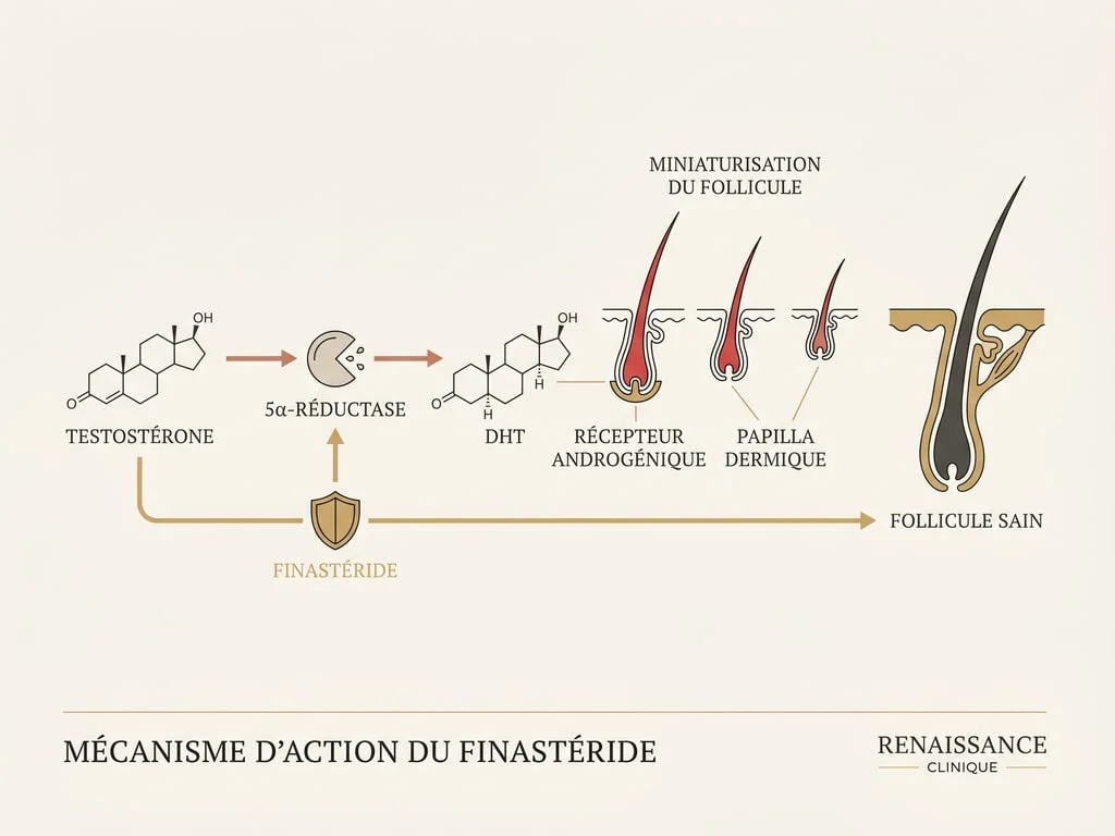 Schéma du mécanisme d'action du finastéride : inhibition de la 5α-réductase et réduction de la DHT au niveau du follicule