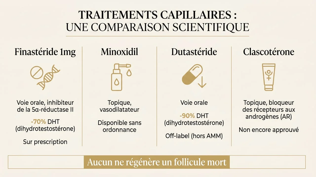 Comparaison infographique du finastéride, minoxidil, dutastéride et clascotérone dans l'alopécie androgénétique