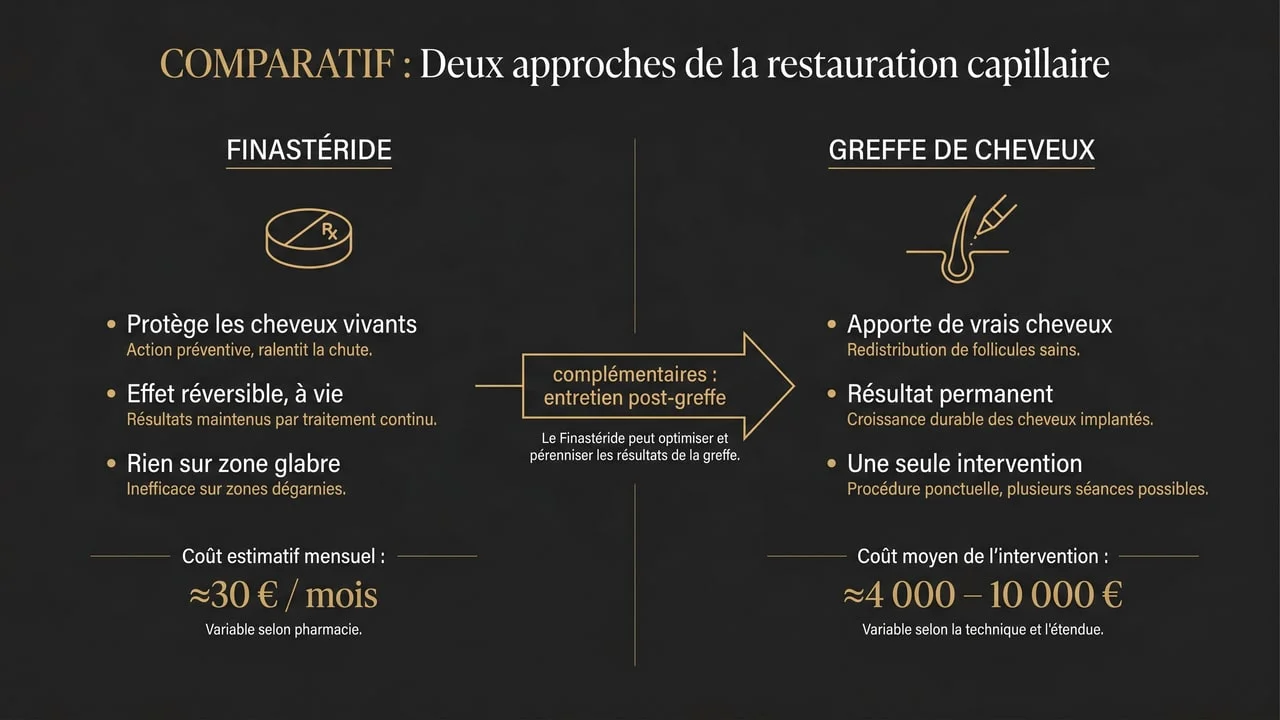 Infographie de la complémentarité entre le finastéride (entretien) et la greffe de cheveux (restauration permanente)