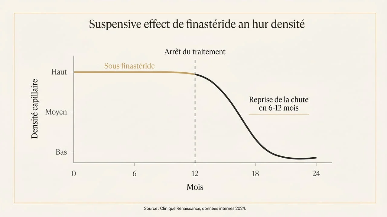 Courbe montrant l'effet suspensif du finastéride : reprise de la chute en 6 à 12 mois après l'arrêt du traitement
