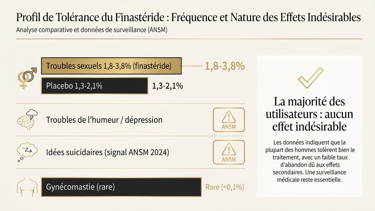 Infographie des effets secondaires du finastéride : troubles sexuels (1,8-3,8 %), dépression et idées suicidaires (signal ANSM 2024)