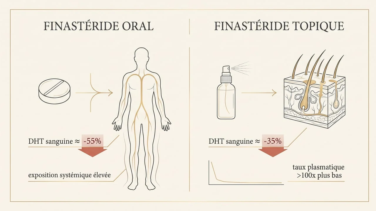 Schéma comparatif de l'action systémique du finastéride oral et topique sur la DHT