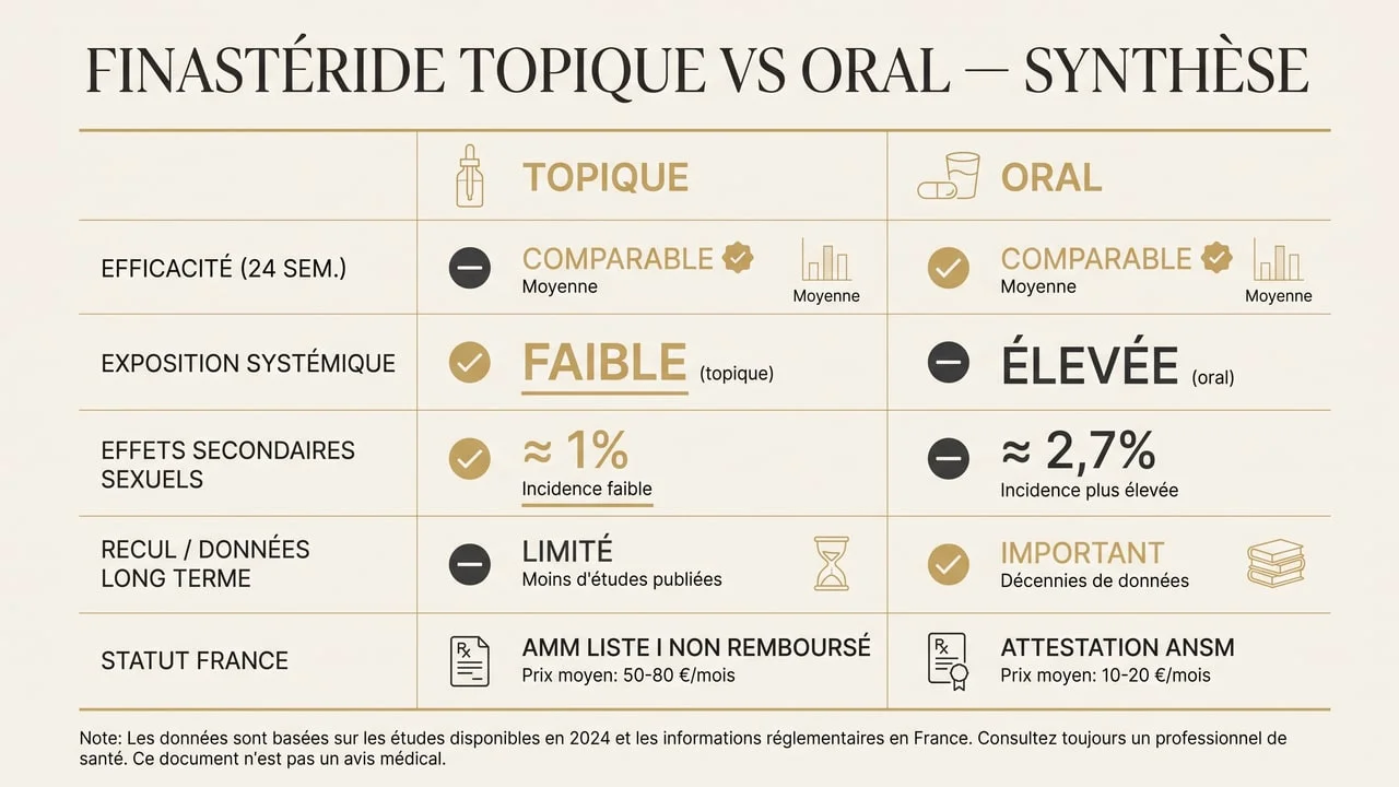 Tableau de synthèse comparant le finastéride topique et oral : efficacité, exposition, tolérance, statut en France
