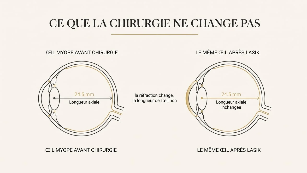 Schéma montrant que la chirurgie réfractive modifie la cornée sans changer la longueur axiale de l'œil myope