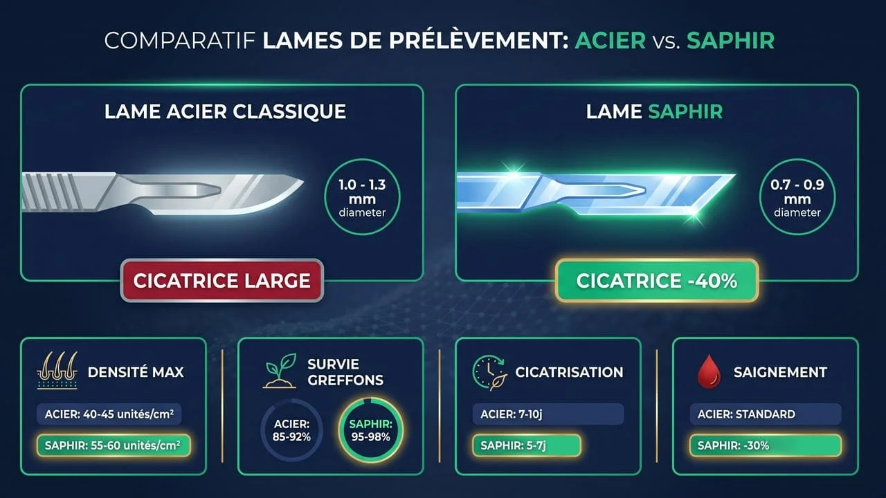 Comparaison infographique FUE Saphir vs FUE classique acier : diamètre incision, densité, survie greffons