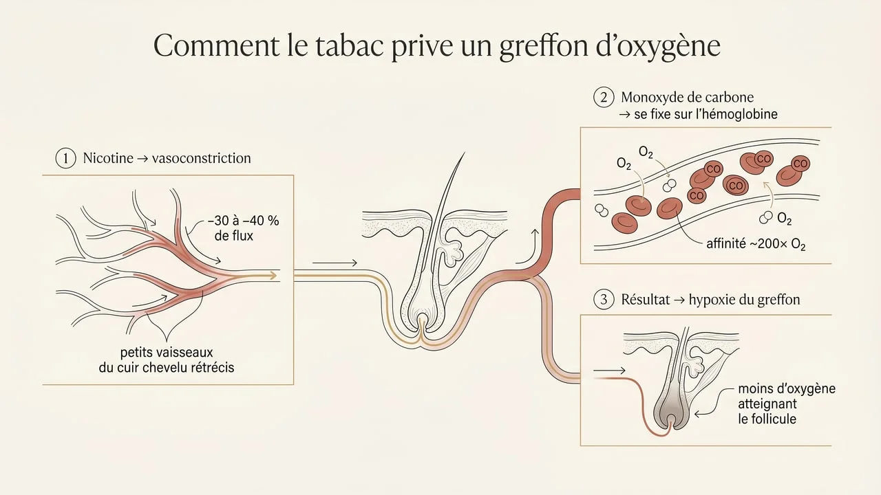 Schéma des mécanismes par lesquels le tabac nuit à un greffon : vasoconstriction par la nicotine, fixation du monoxyde de carbone sur l'hémoglobine, hypoxie du follicule