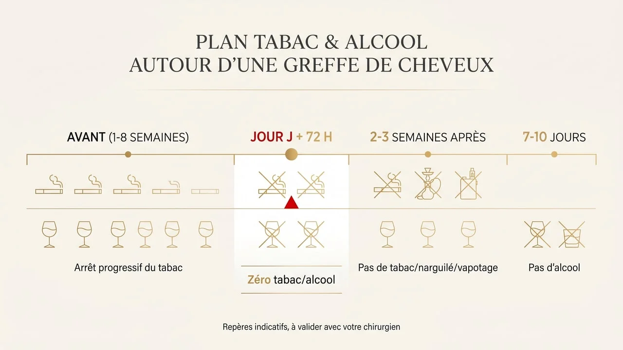 Frise du plan d'abstinence de tabac et d'alcool autour d'une greffe de cheveux : avant, jour J et 72 heures, 2 à 3 semaines après pour le tabac, 7 à 10 jours pour l'alcool