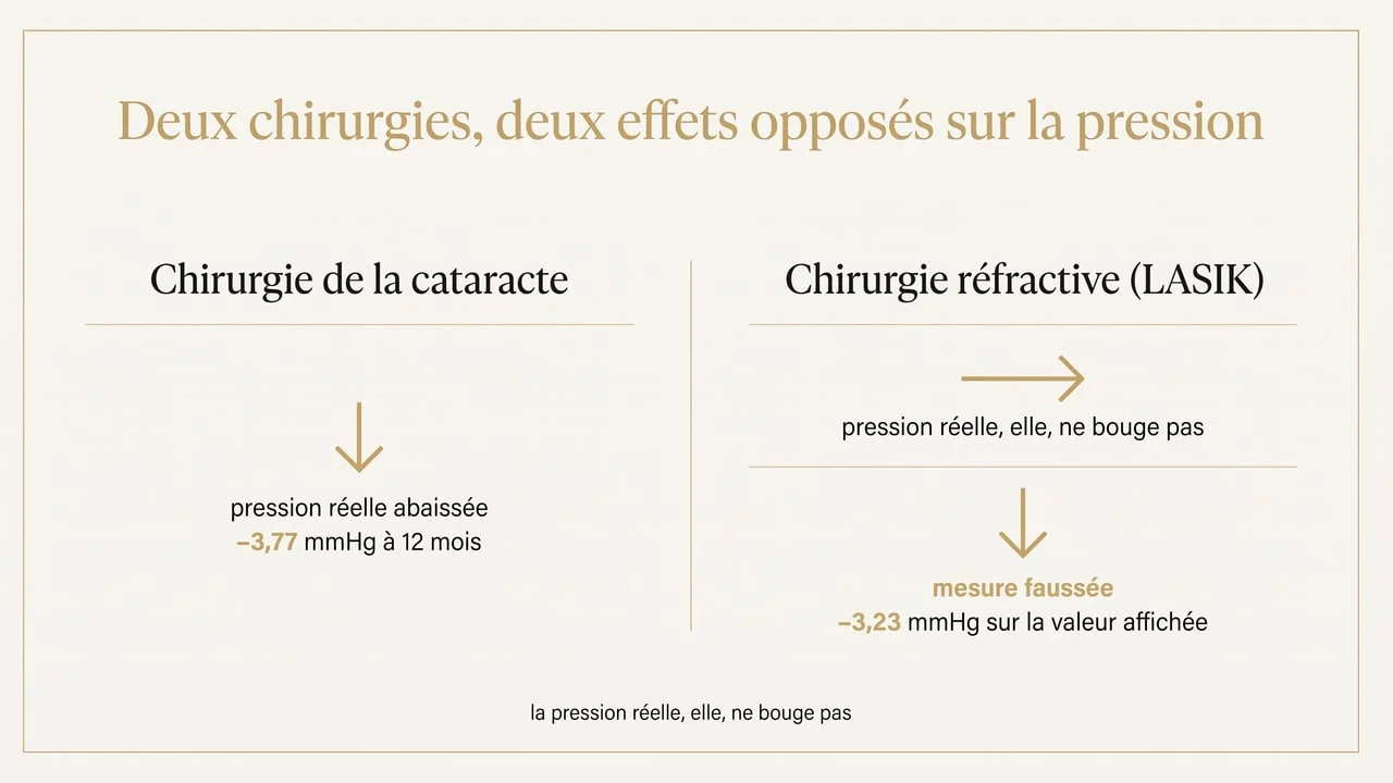 Infographie opposant l'effet réel de la chirurgie de la cataracte sur la pression intraoculaire et le biais de mesure introduit par le LASIK