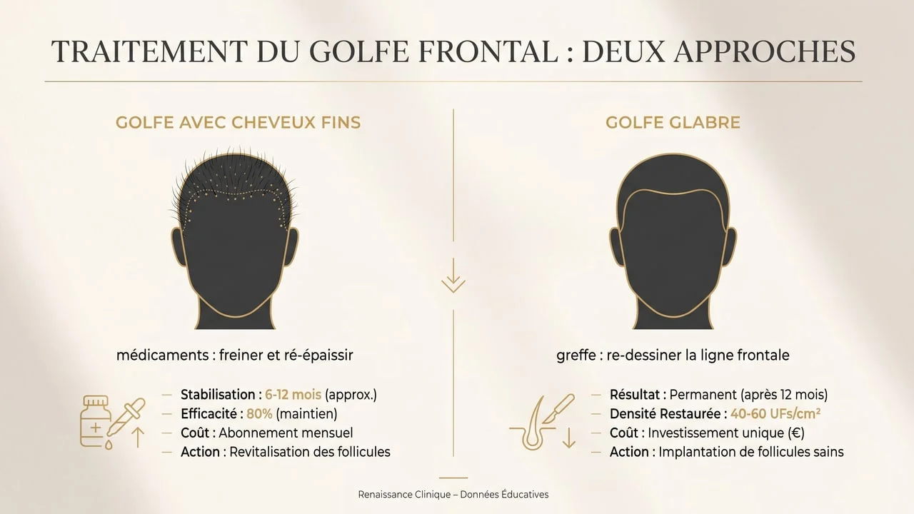 Infographie : sur un golfe avec cheveux fins, les médicaments freinent et ré-épaississent ; sur un golfe glabre, seule la greffe re-dessine la ligne frontale