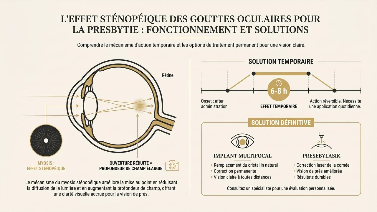 Infographie expliquant le myosis et l'effet sténopéique d'un collyre contre la presbytie, sa durée temporaire face aux solutions chirurgicales définitives.