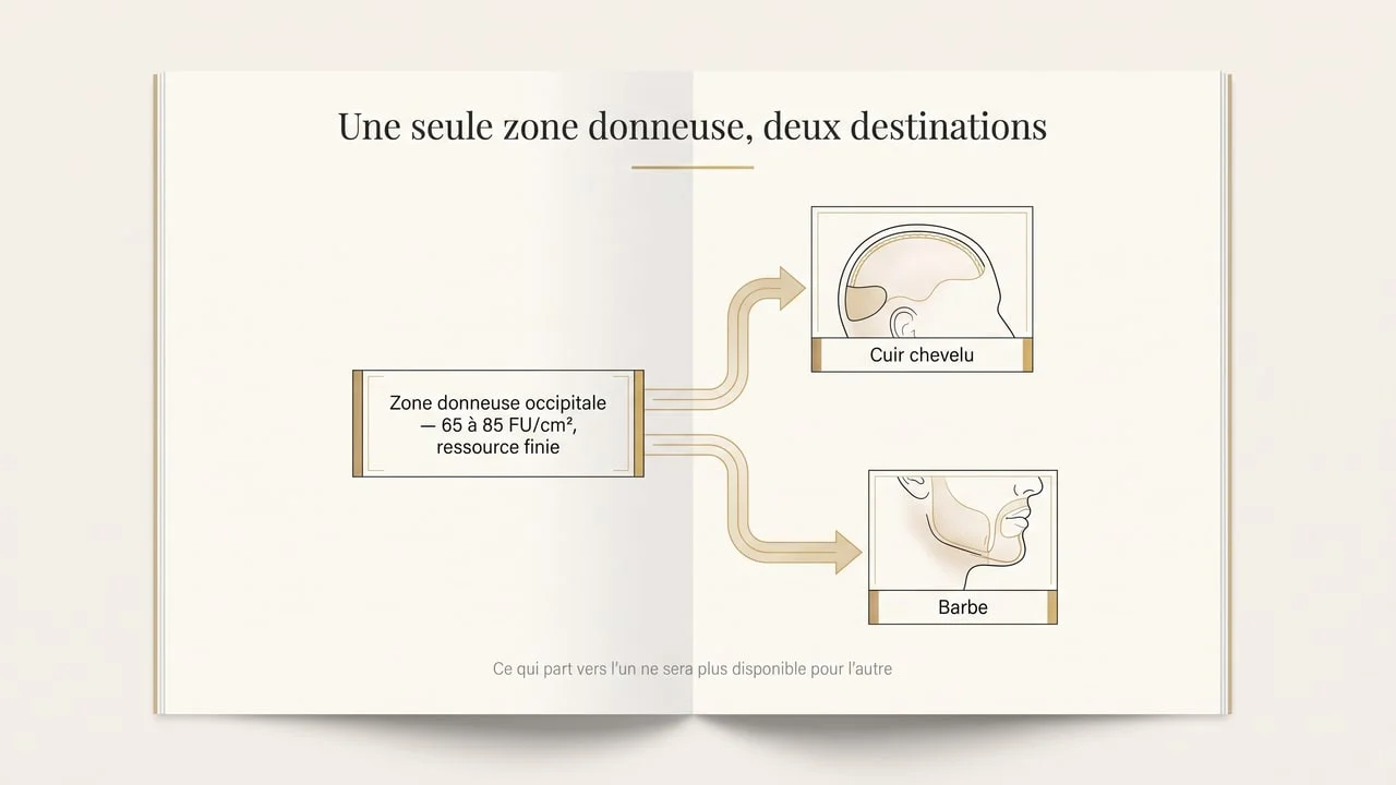 Schéma montrant que la zone donneuse occipitale, de 65 à 85 unités folliculaires par cm² et non renouvelable, alimente à la fois le cuir chevelu et la barbe — ce qui est prélevé pour l'un n'est plus disponible pour l'autre