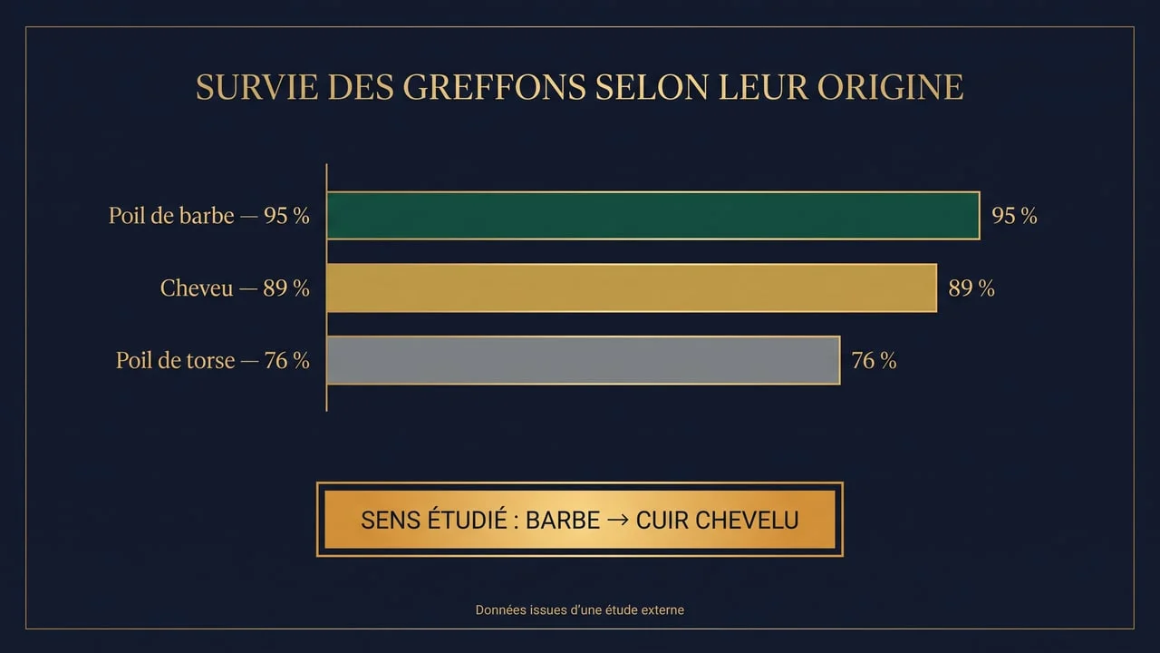 Infographie comparant la survie à un an des greffons selon leur origine — 95 % pour le poil de barbe, 89 % pour le cheveu, 76 % pour le poil de torse — avec la précision que le sens de transfert étudié est barbe vers cuir chevelu
