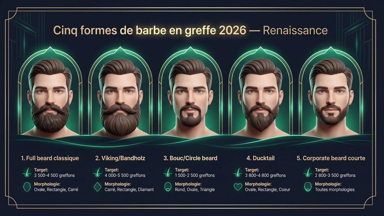 Cinq formes principales de greffe de barbe à Renaissance Clinique — full beard, viking, bouc, ducktail, corporate