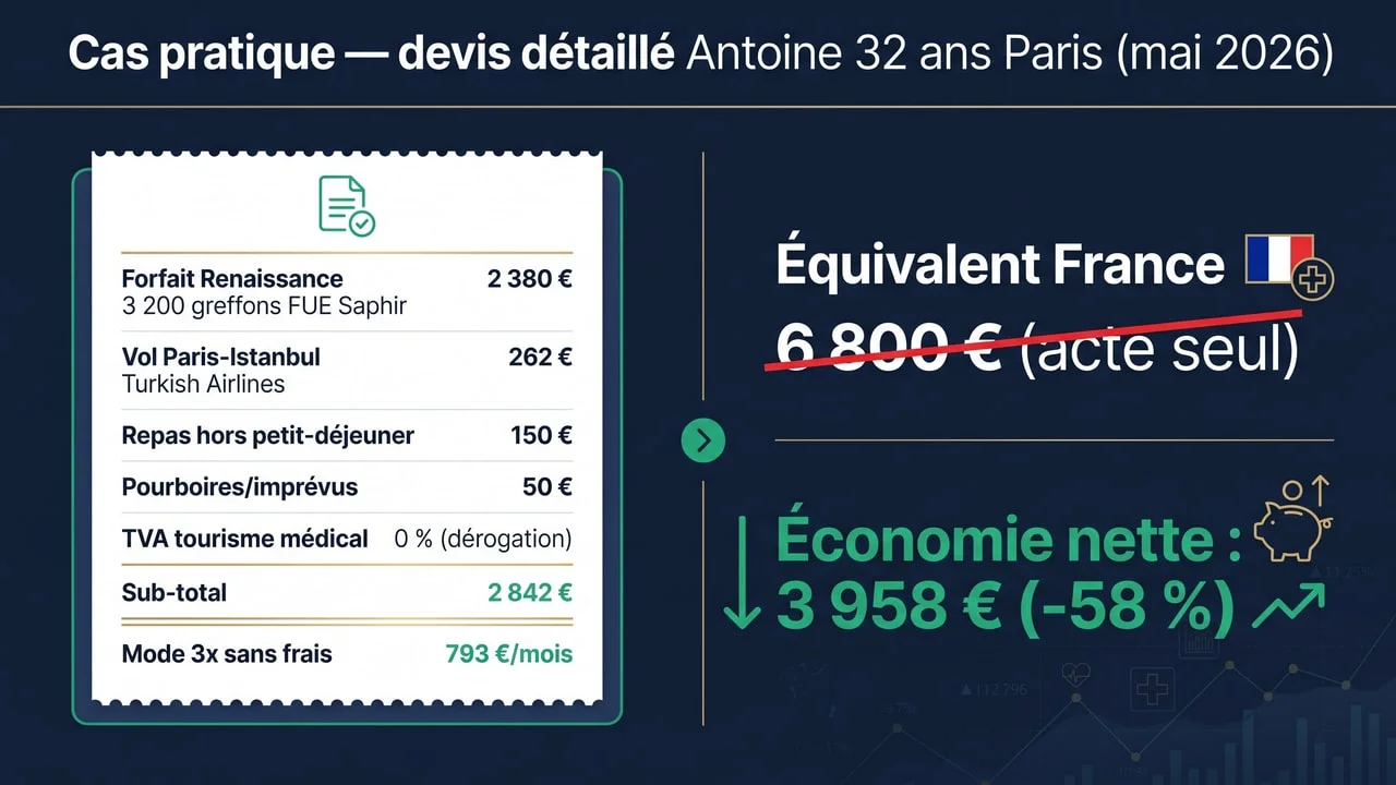 Cas pratique devis greffe de barbe Renaissance — Antoine 3 200 greffons, total 2 842 € all-inclusive, économie 3 958 € vs France